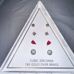NWT And Now This Cubic Zirconia Crystal Glass 18K Gold Plated 4 Pair Earring Set